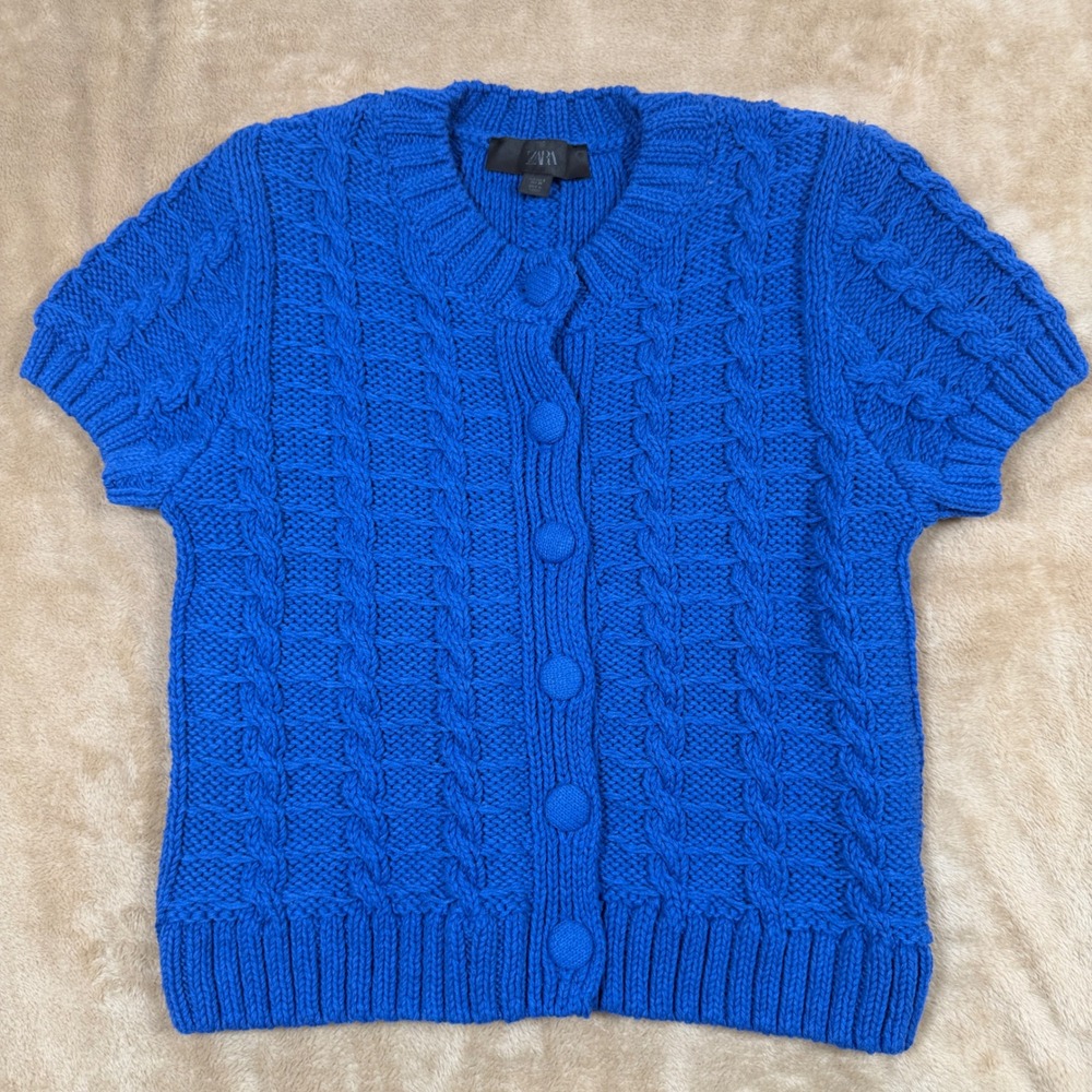 Zara Women Royal Blue Short Sleeve Cable Knit Cardigan Sweater Size S